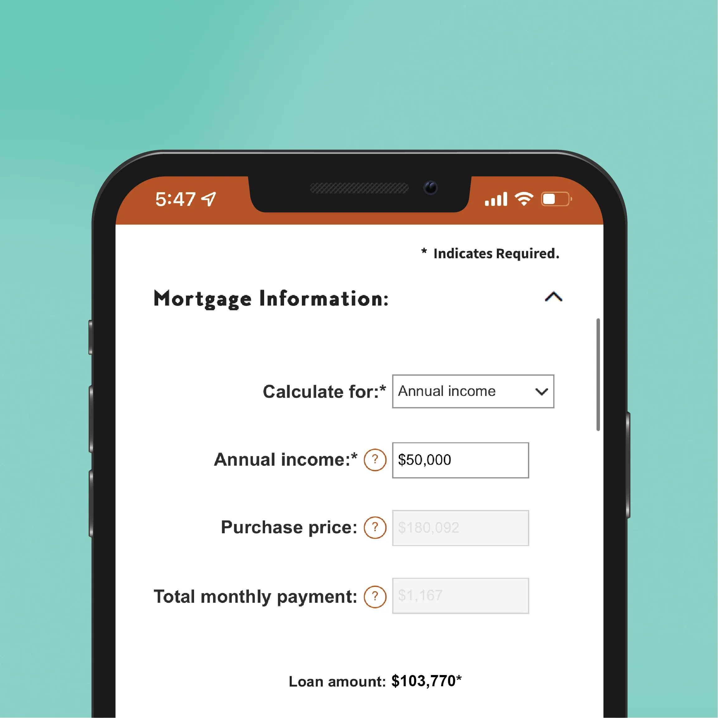 Phone with mortgage loan calculator